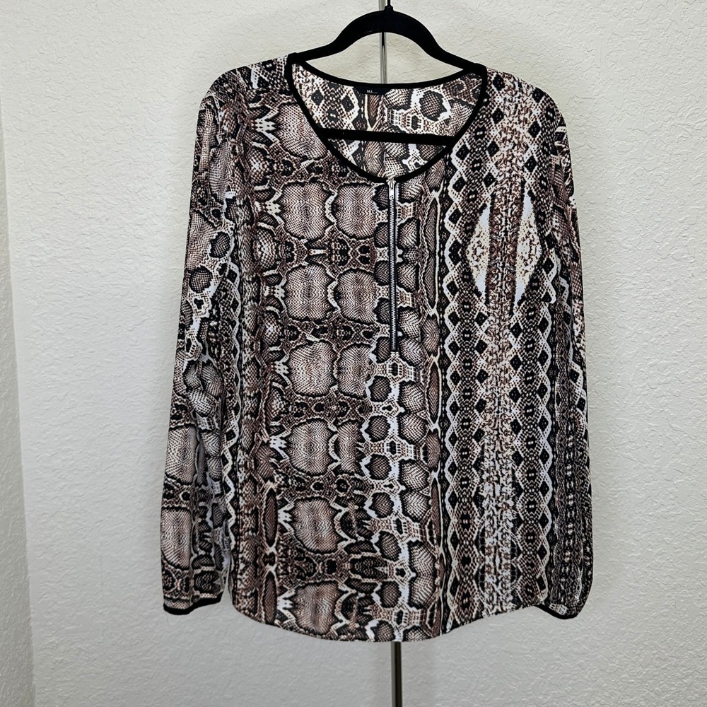 Milano Women Brown Snakeskin Print Long Sleeve Zip Front Blouse Top